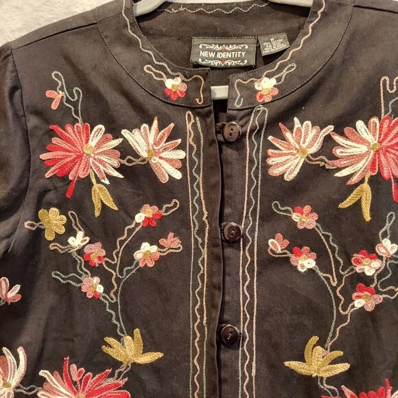 New Identity Jacket Womens M Black Floral Embroidery Artsy Art T Wear Boho retro - Picture 5 of 10